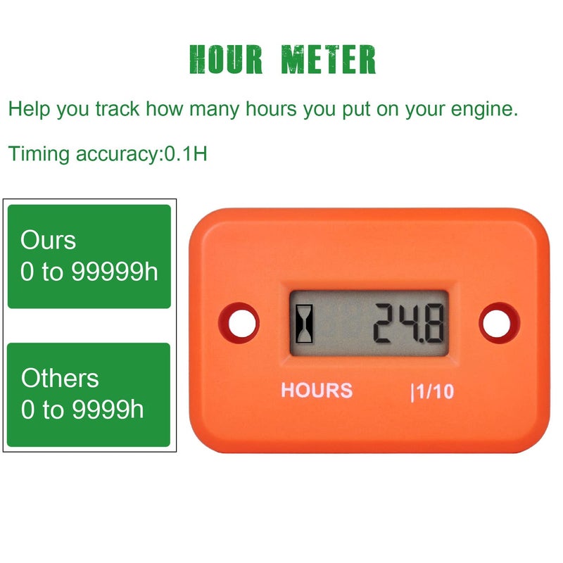YOOREAL Digital Inductive Hour Meter Waterproof IP68,Works on Various of ZTR/Riding Lawn Mower Land Trimmer UTV Brush Cutter Tractor ATV Boat Outboard Motor Dirt Bike Motorcycle. (HM006A Orange) - Image 2